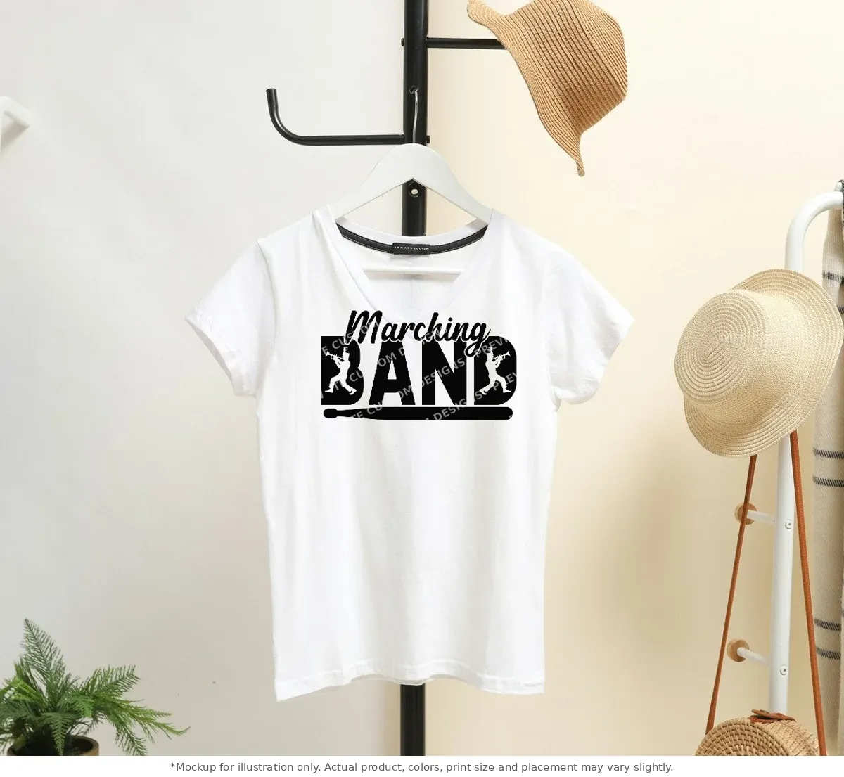 White tee mockup, on a hanger in a styled room