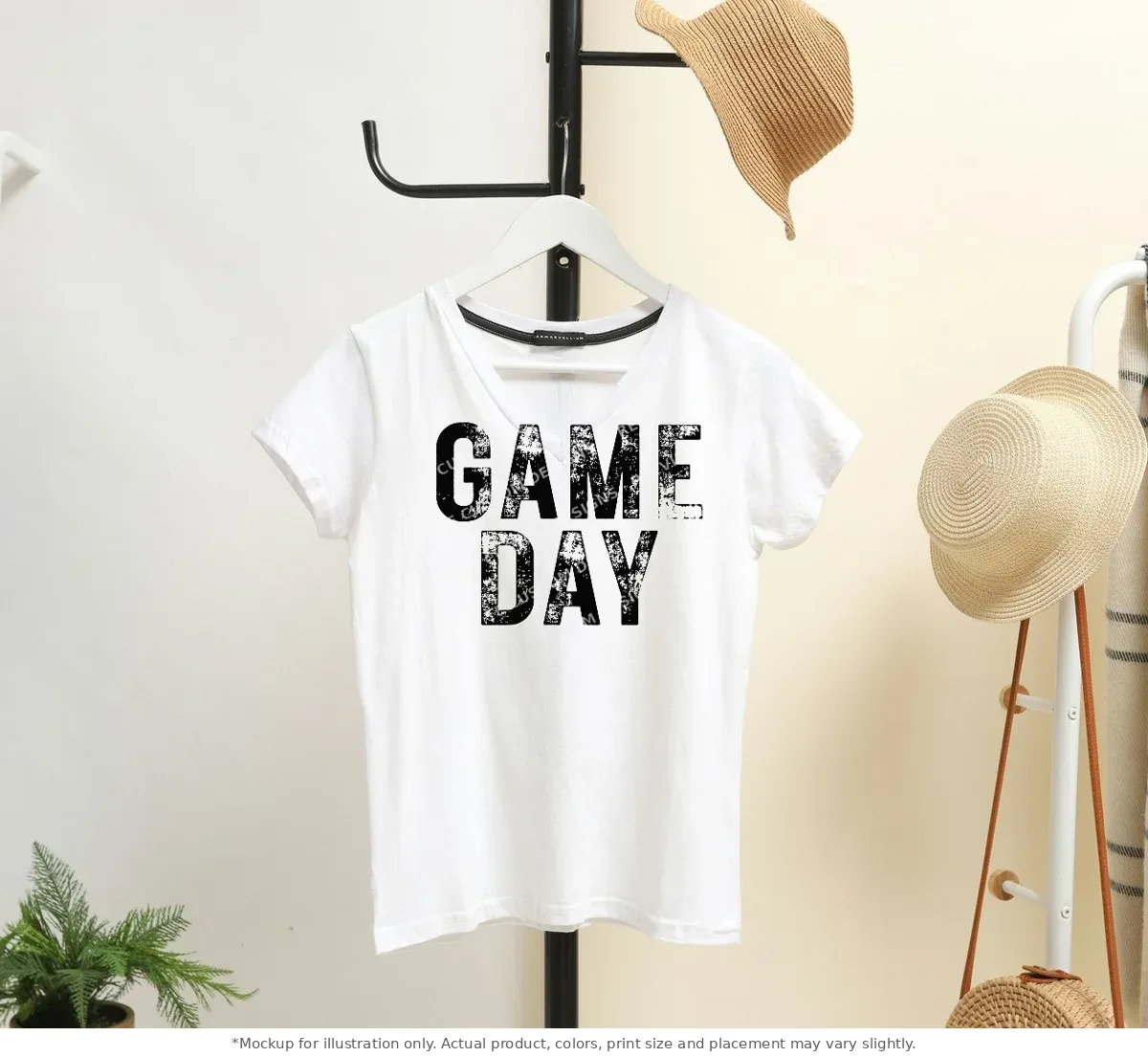White tee mockup, on a hanger in a styled room