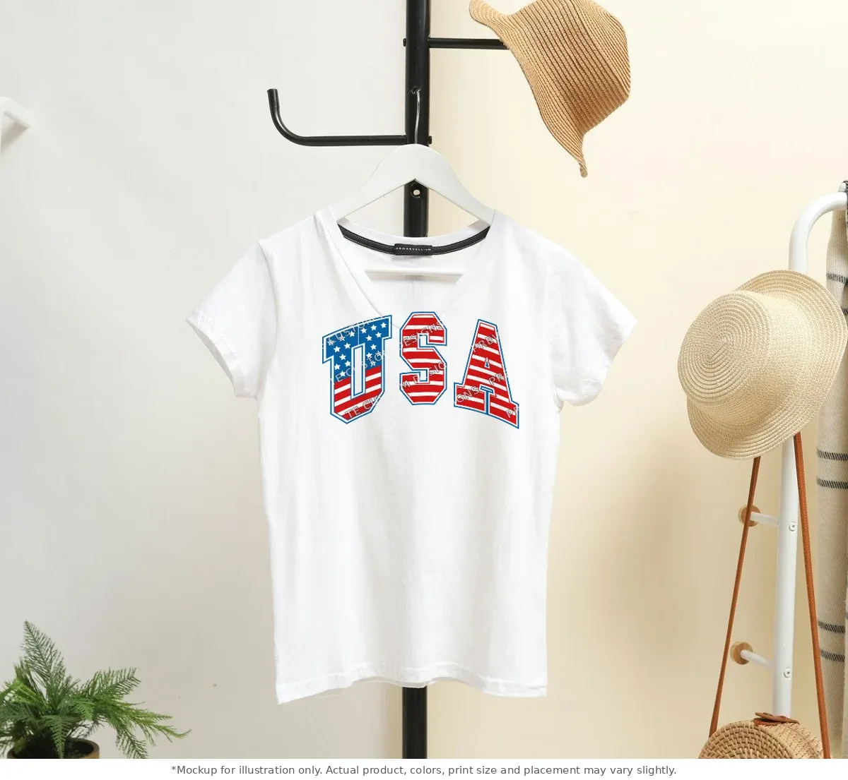 White tee mockup, on a hanger in a styled room