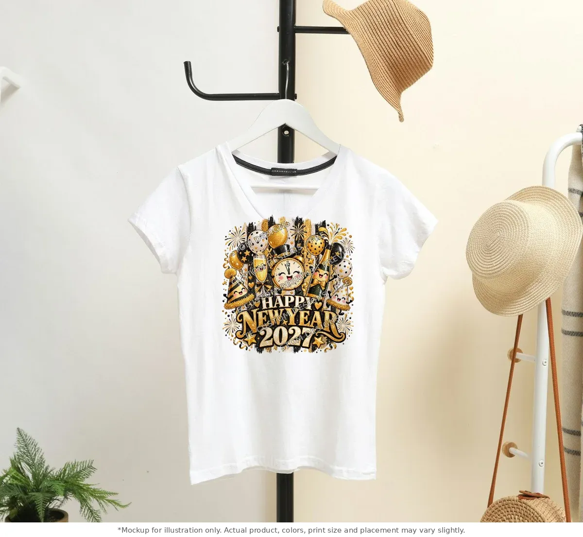 White tee mockup, on a hanger in a styled room