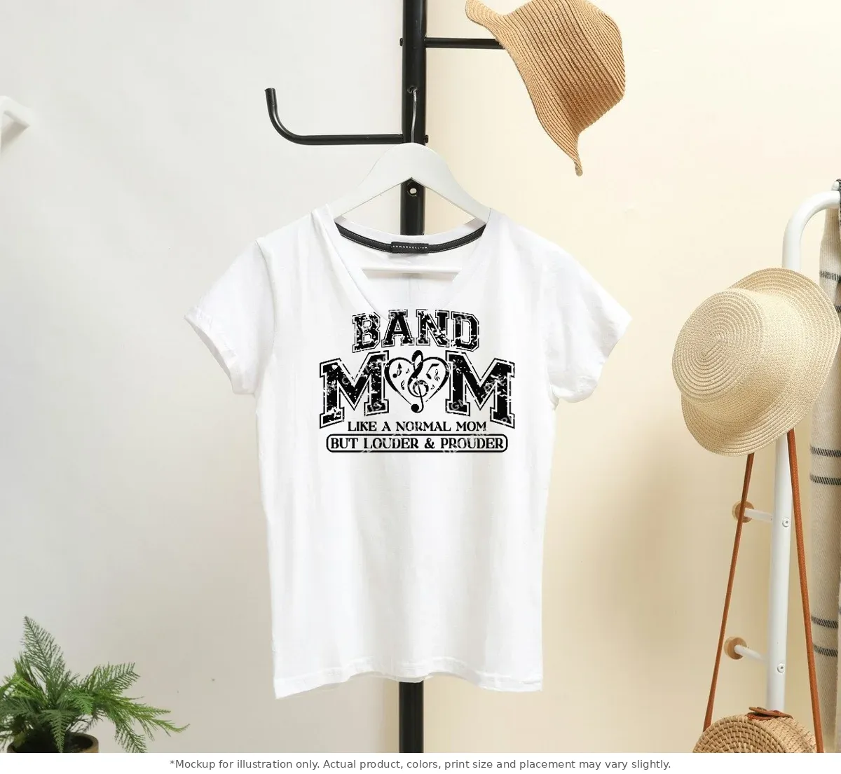 White tee mockup, on a hanger in a styled room