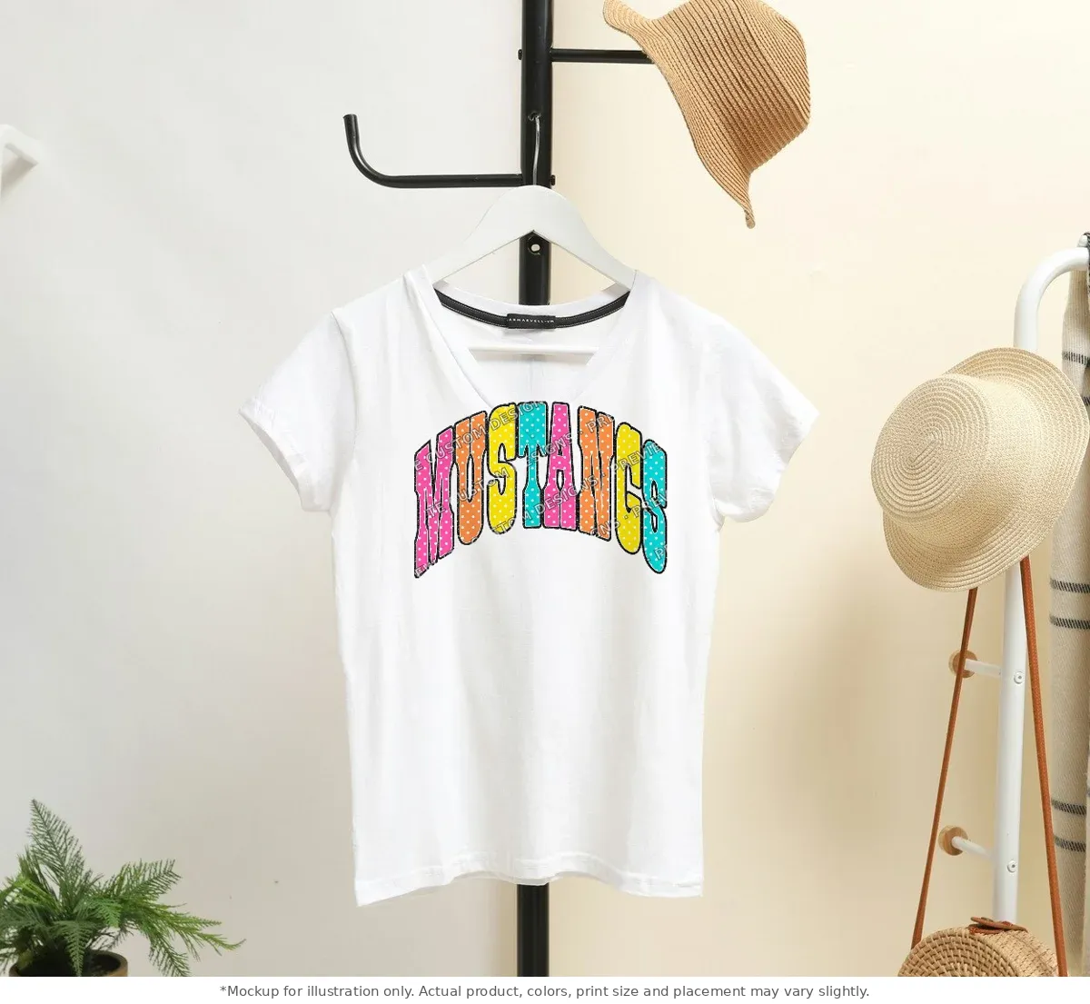White tee mockup, on a hanger in a styled room