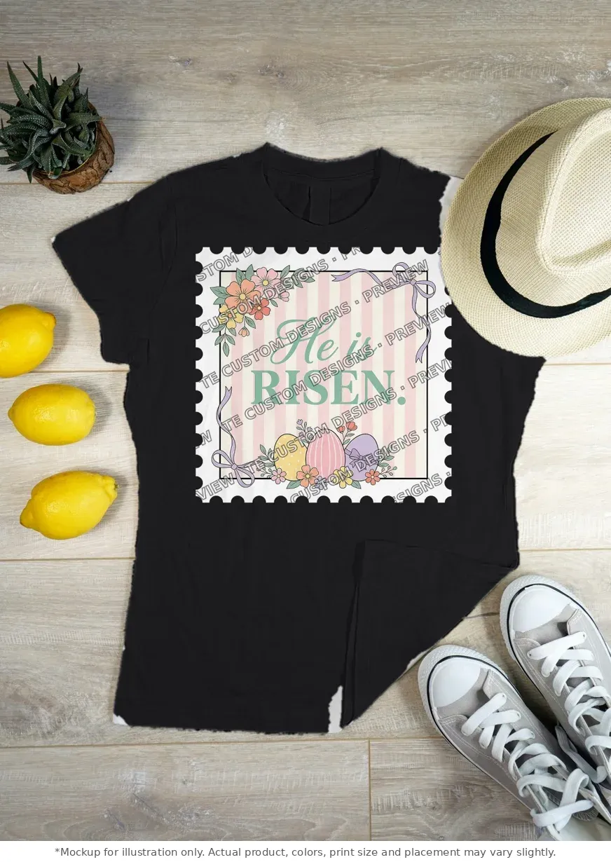 Black tee mockup, flat lay on wood