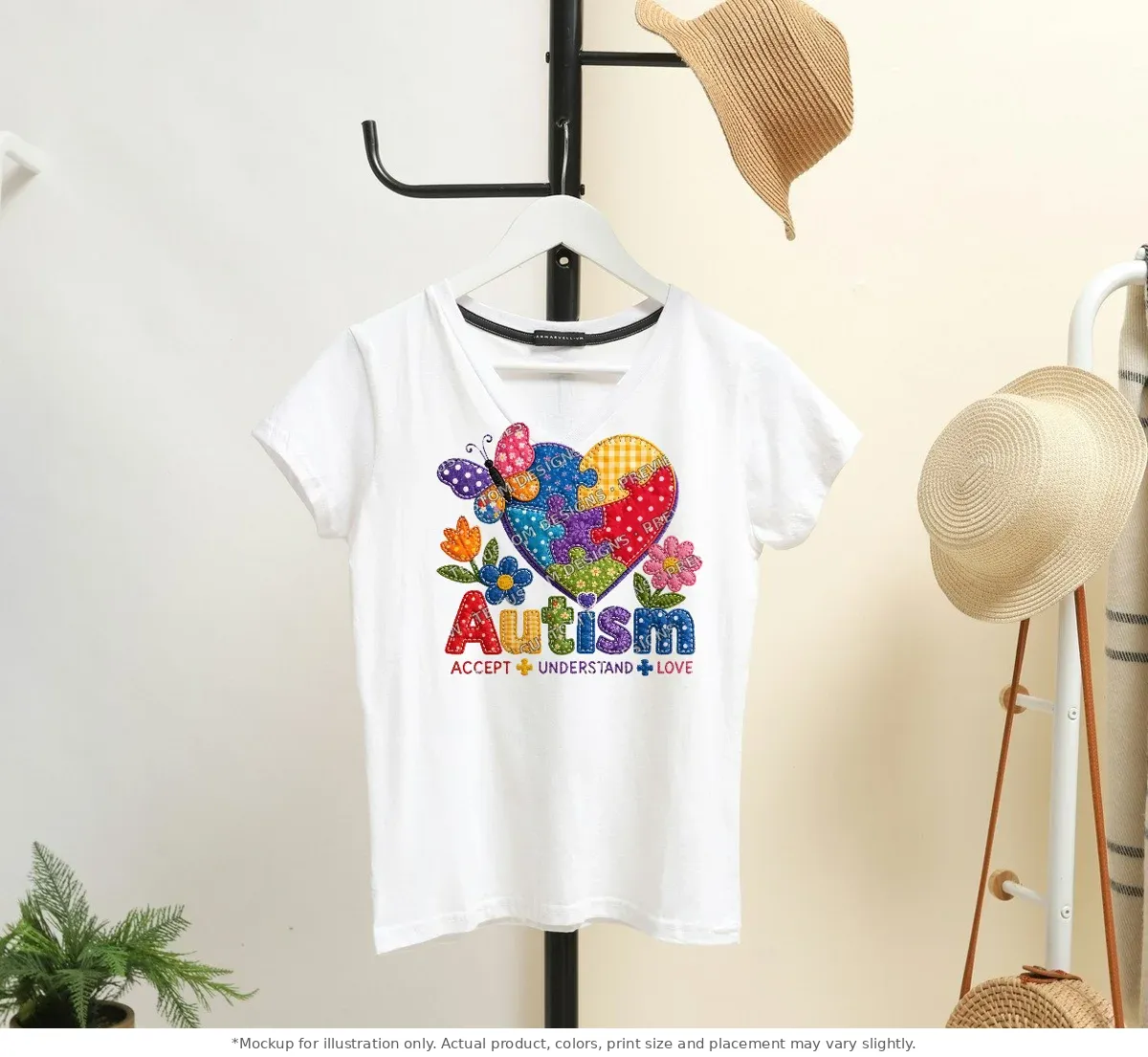 White tee mockup, on a hanger in a styled room
