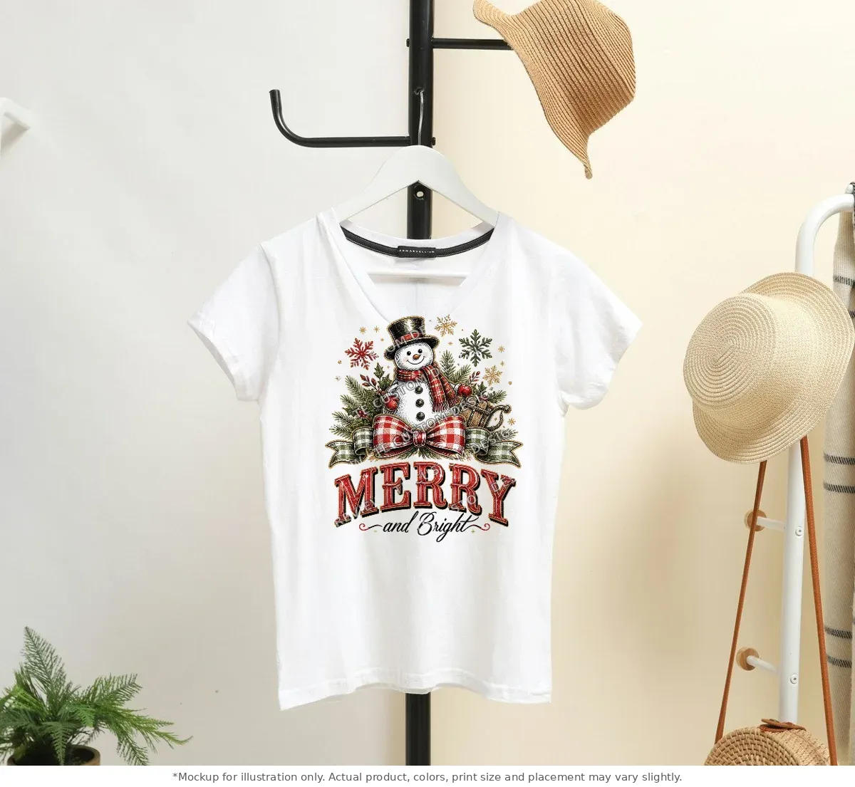 White tee mockup, on a hanger in a styled room