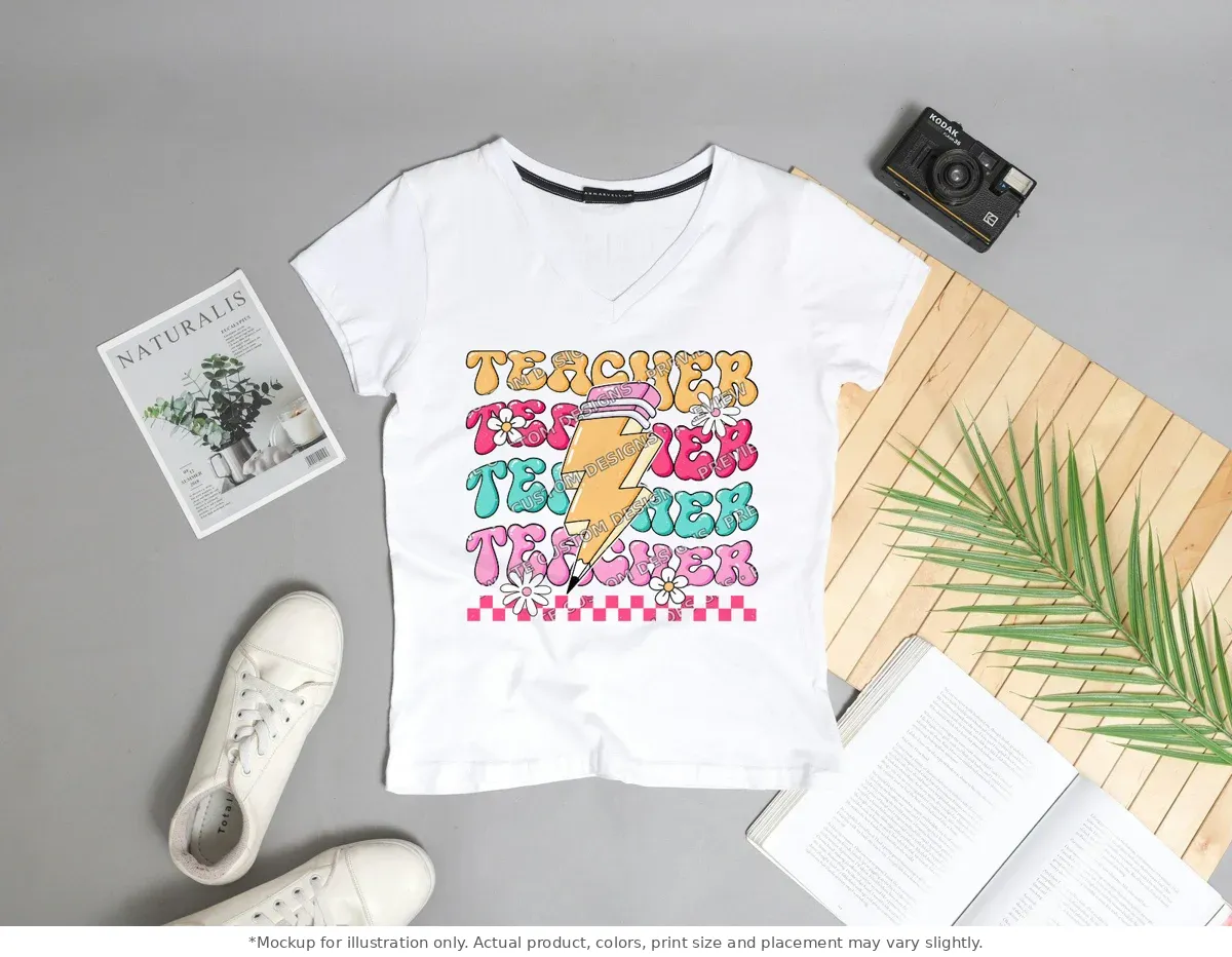 White tee mockup, flat lay with props