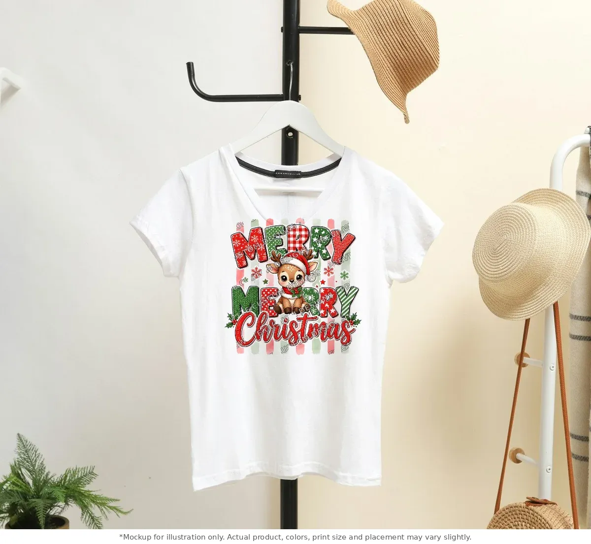 White tee mockup, on a hanger in a styled room