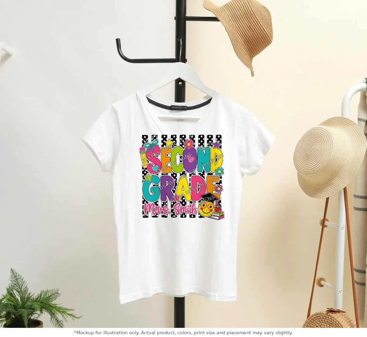White tee mockup, on a hanger in a styled room