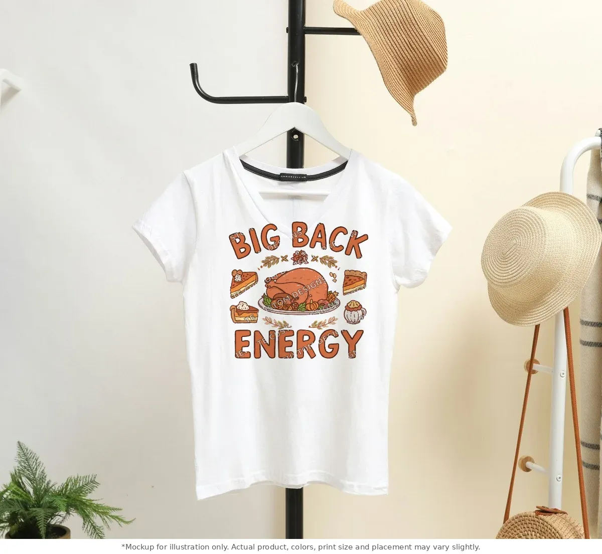 White tee mockup, on a hanger in a styled room