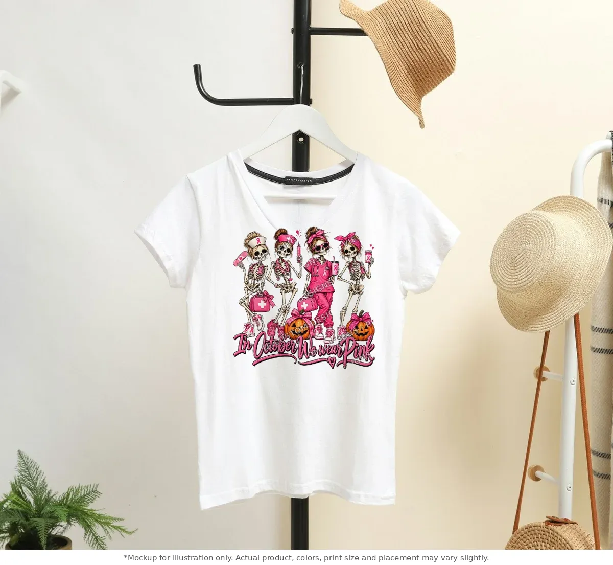 White tee mockup, on a hanger in a styled room