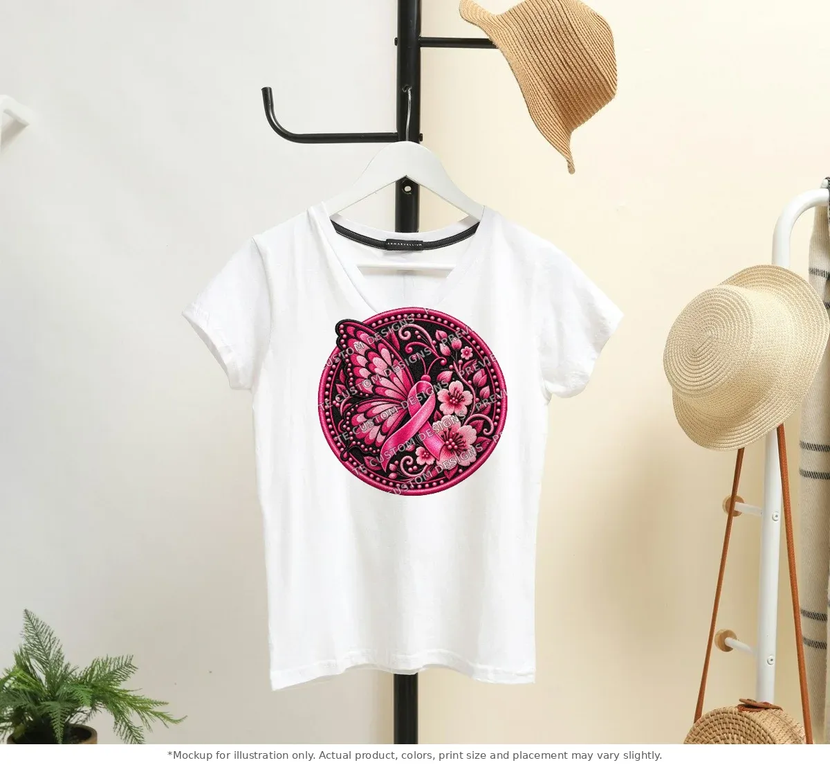 White tee mockup, on a hanger in a styled room