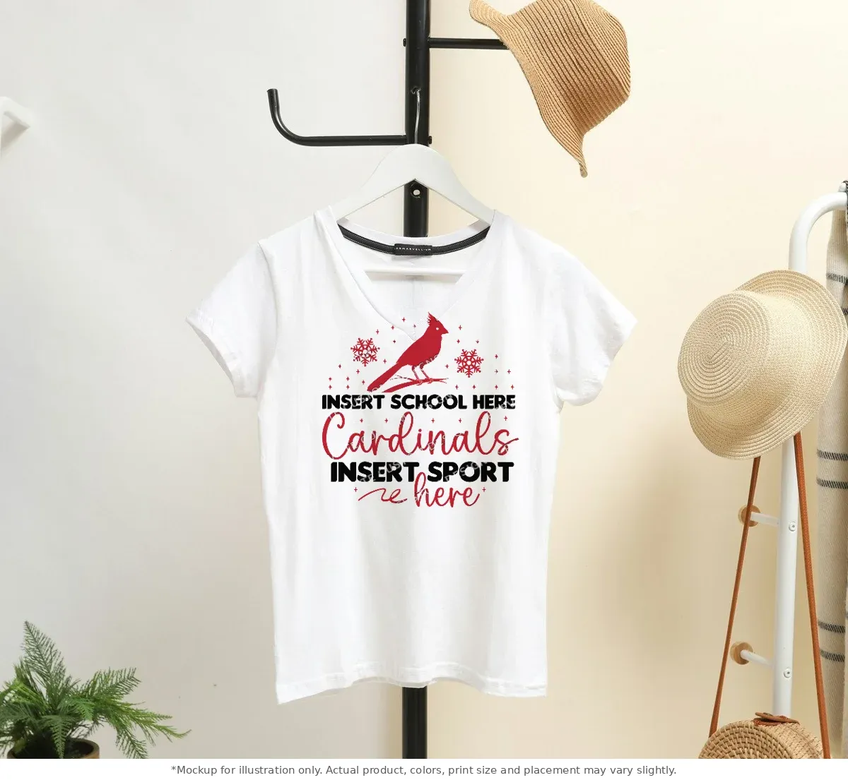 White tee mockup, on a hanger in a styled room