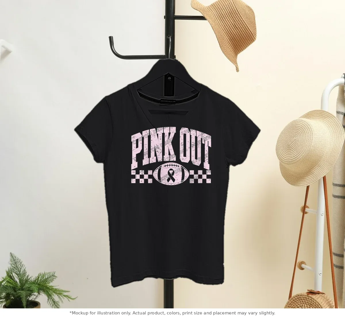 Black tee mockup, on a hanger in a styled room