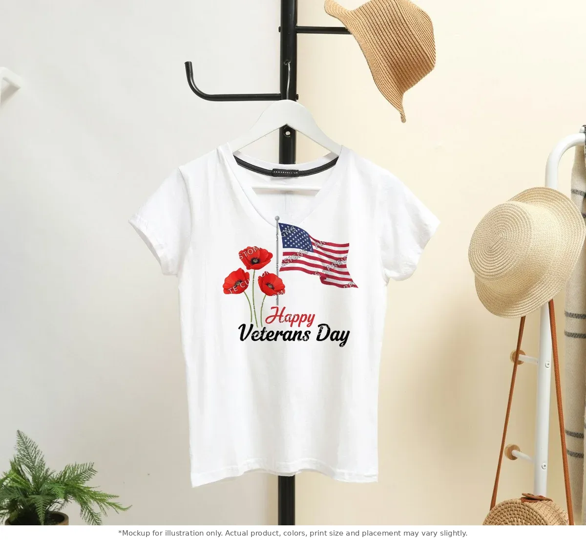 White tee mockup, on a hanger in a styled room