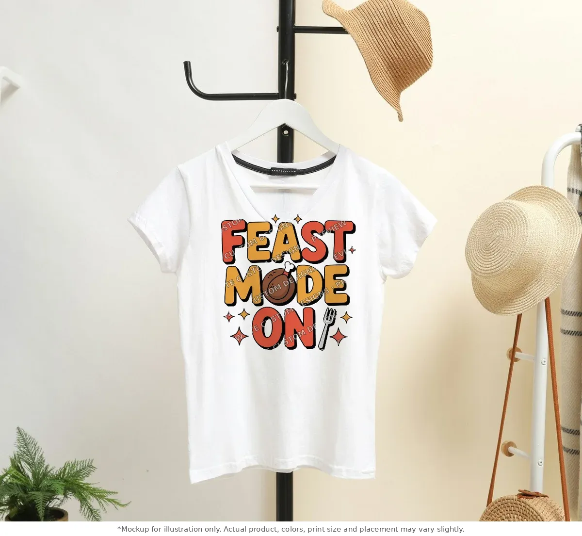 White tee mockup, on a hanger in a styled room