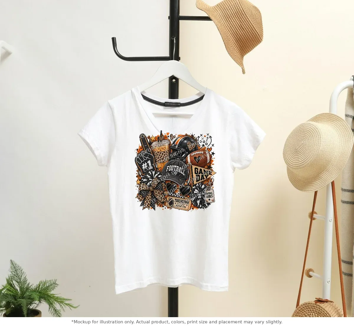 White tee mockup, on a hanger in a styled room