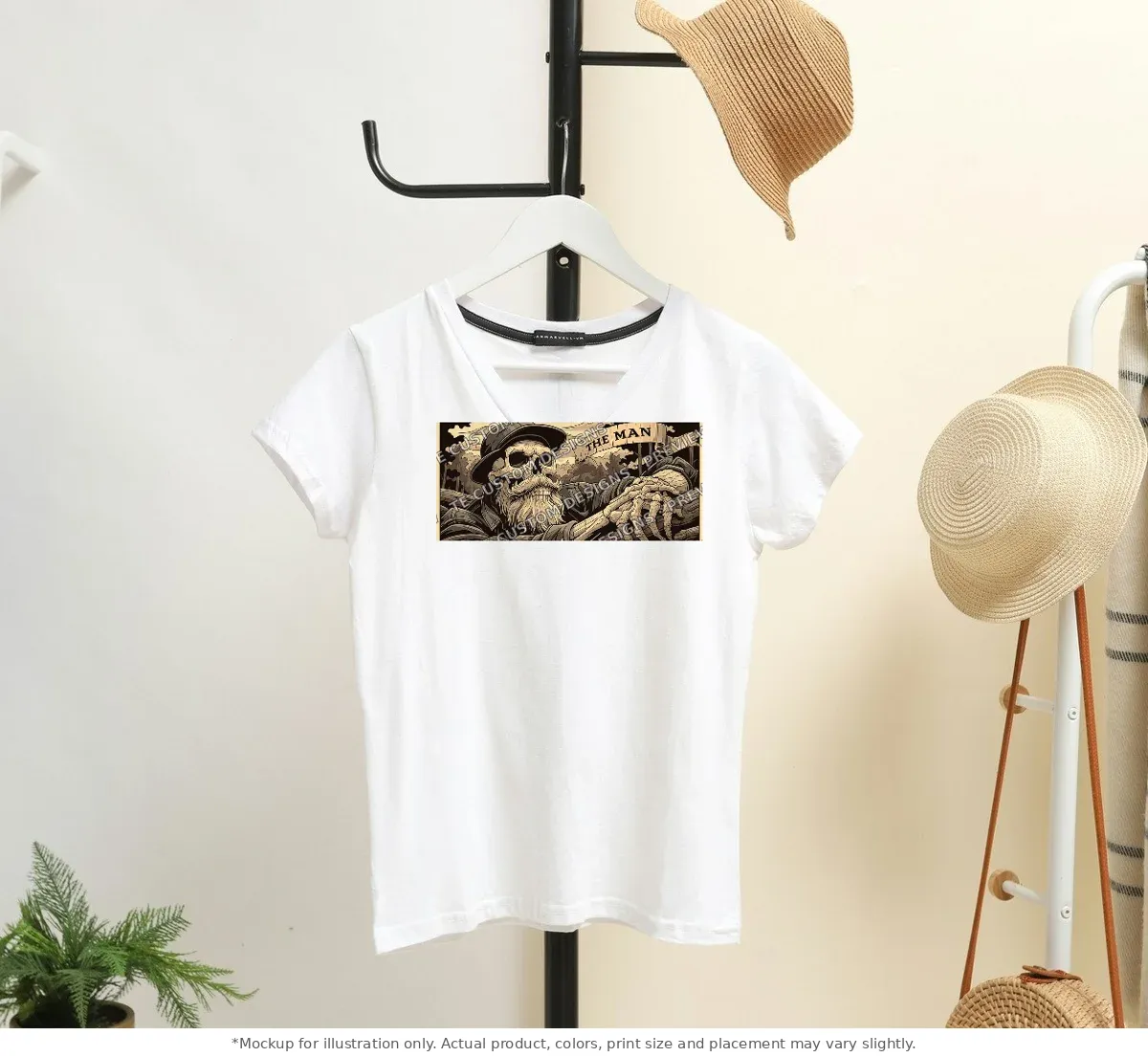 White tee mockup, on a hanger in a styled room