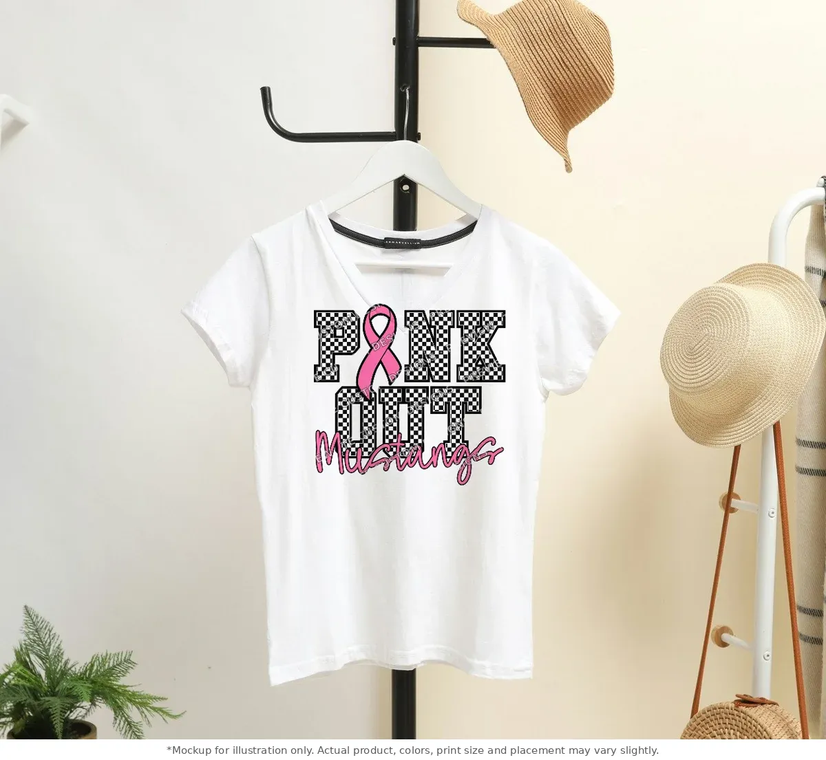 White tee mockup, on a hanger in a styled room