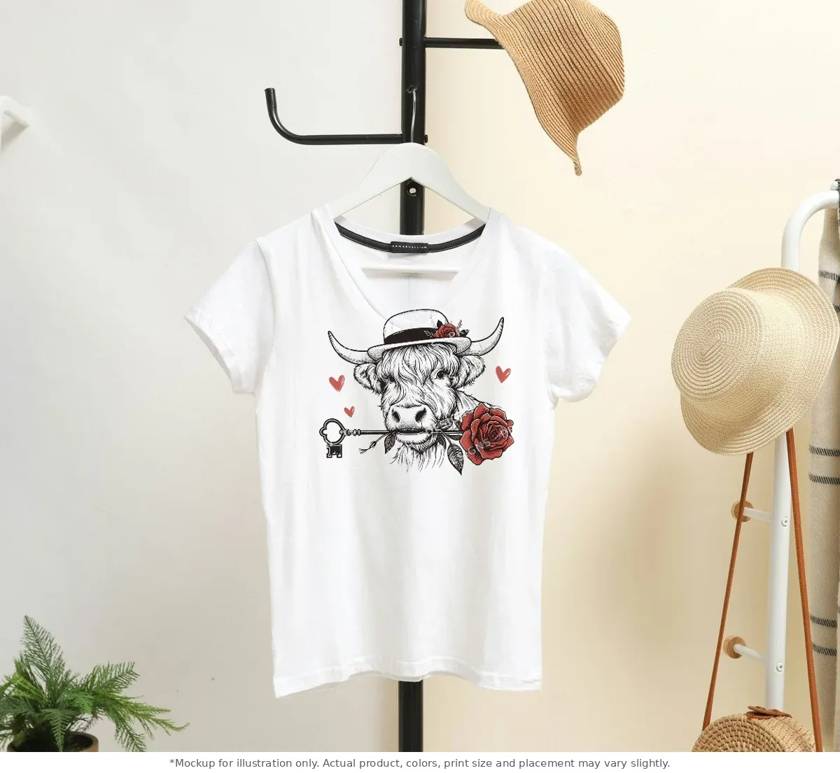 White tee mockup, on a hanger in a styled room