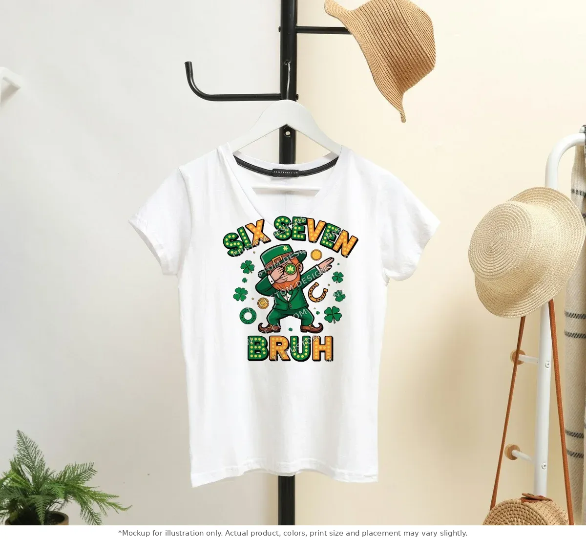 White tee mockup, on a hanger in a styled room