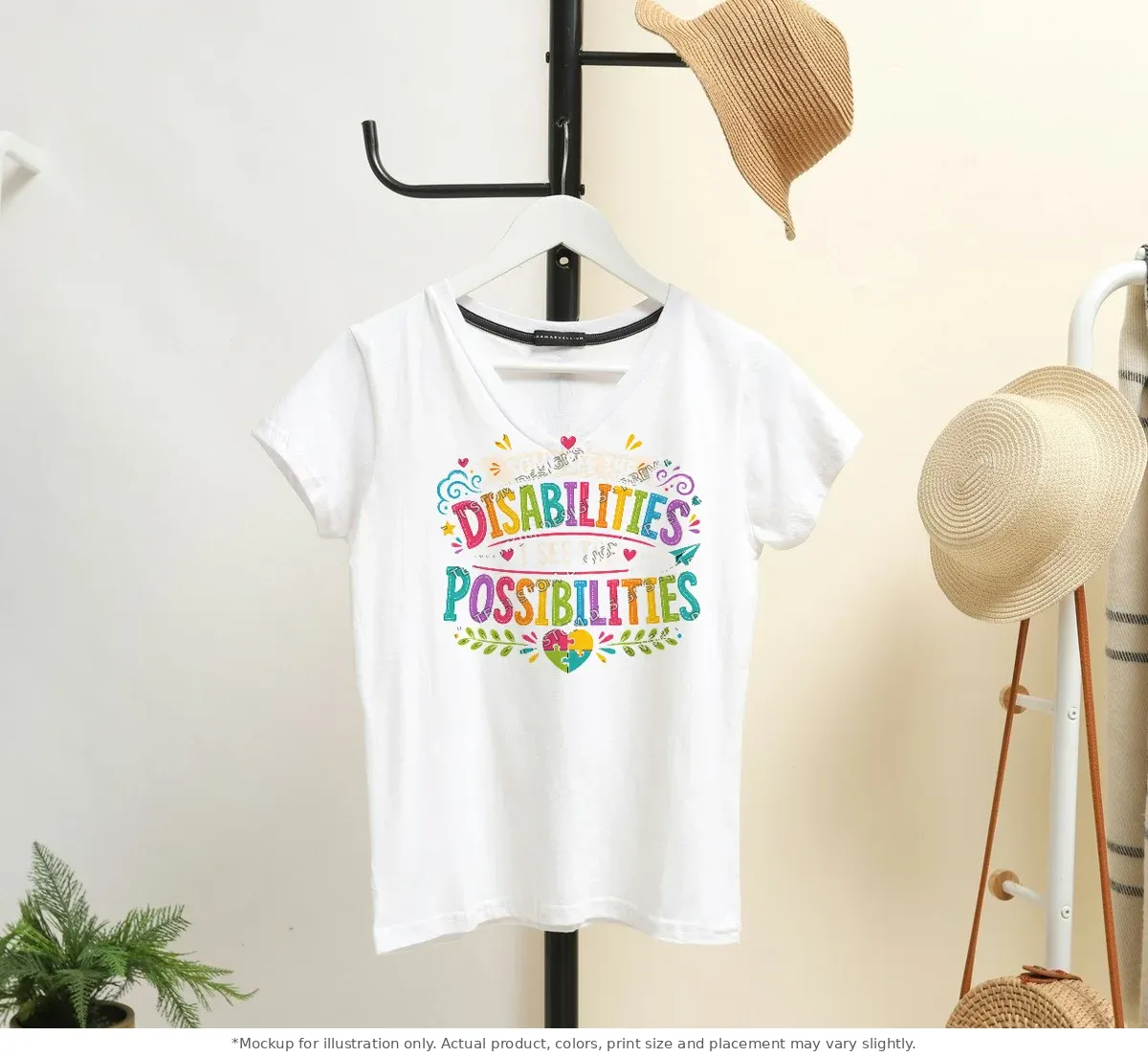 White tee mockup, on a hanger in a styled room