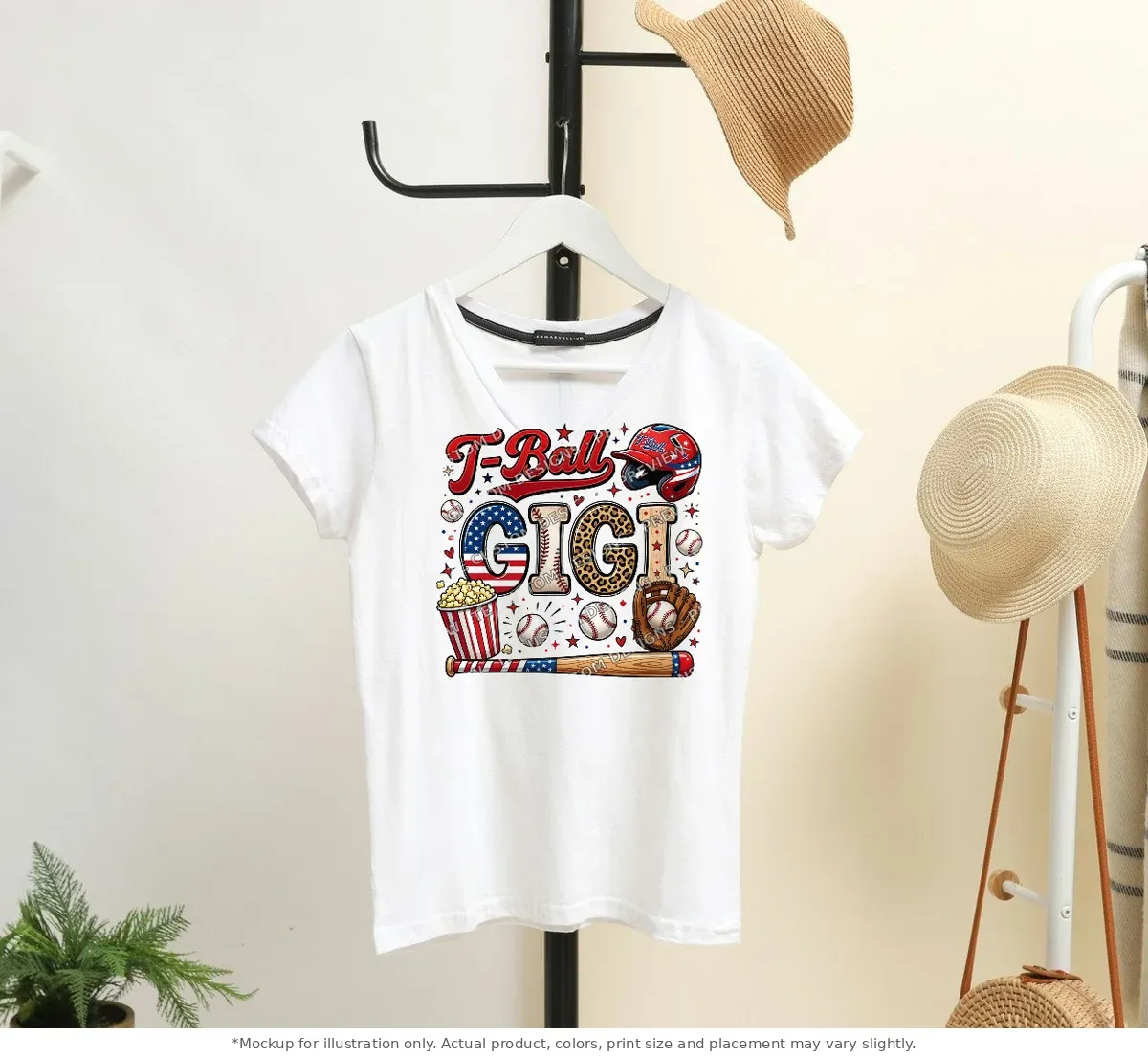 White tee mockup, on a hanger in a styled room