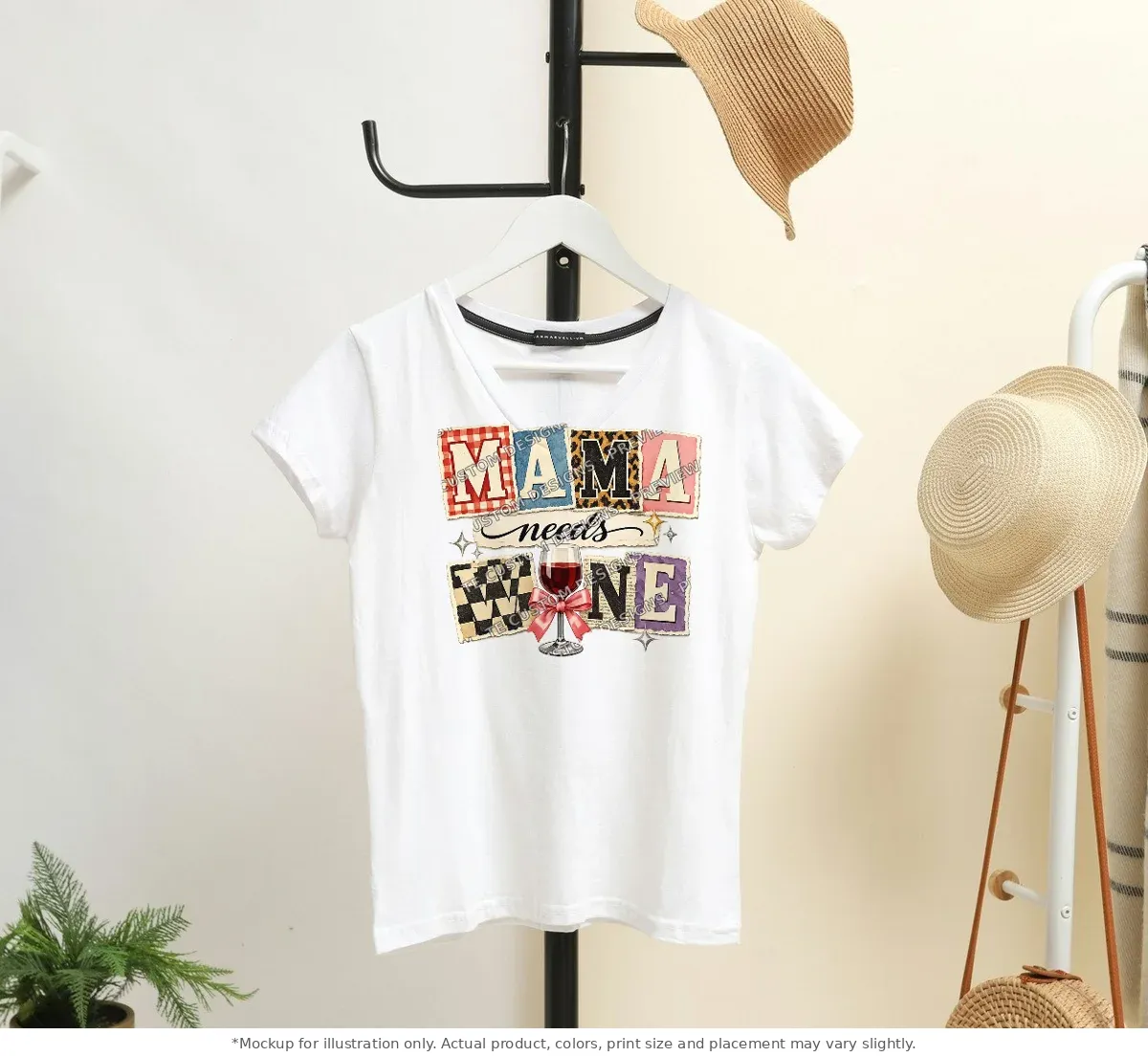White tee mockup, on a hanger in a styled room