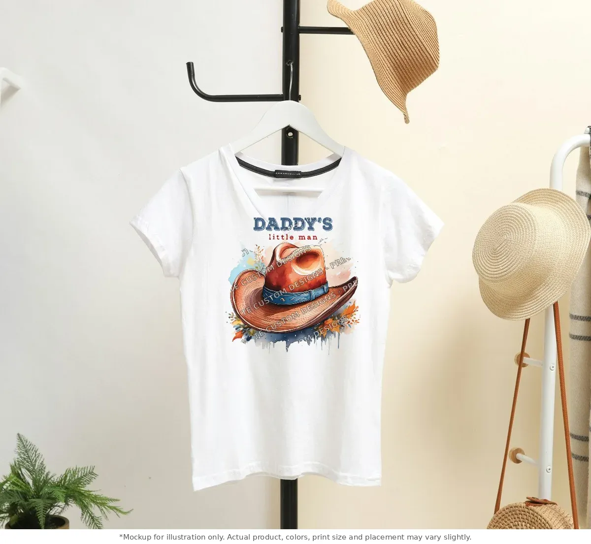 White tee mockup, on a hanger in a styled room