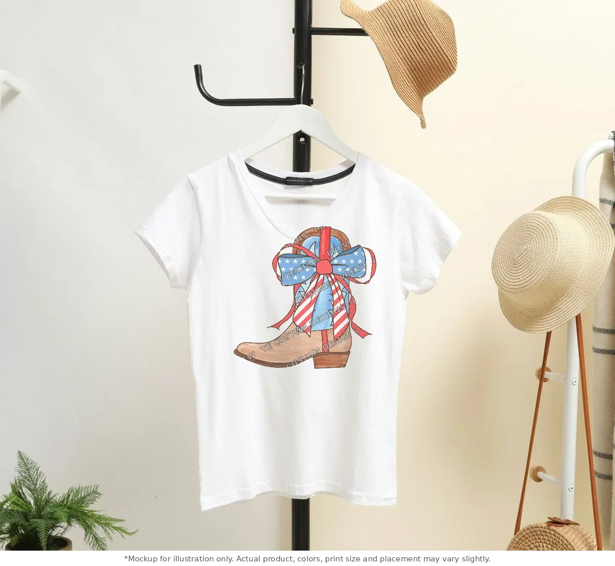 White tee mockup, on a hanger in a styled room