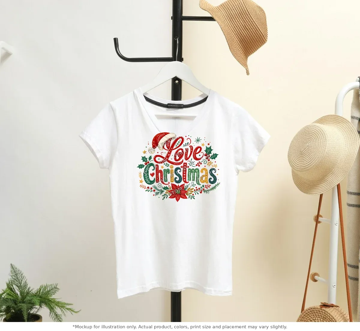 White tee mockup, on a hanger in a styled room