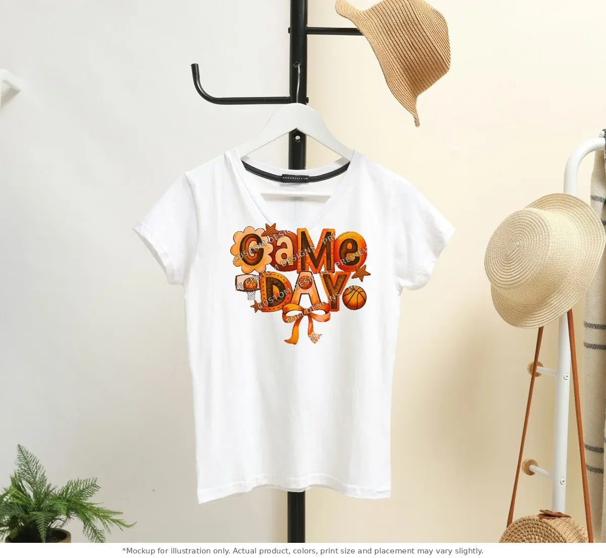 White tee mockup, on a hanger in a styled room