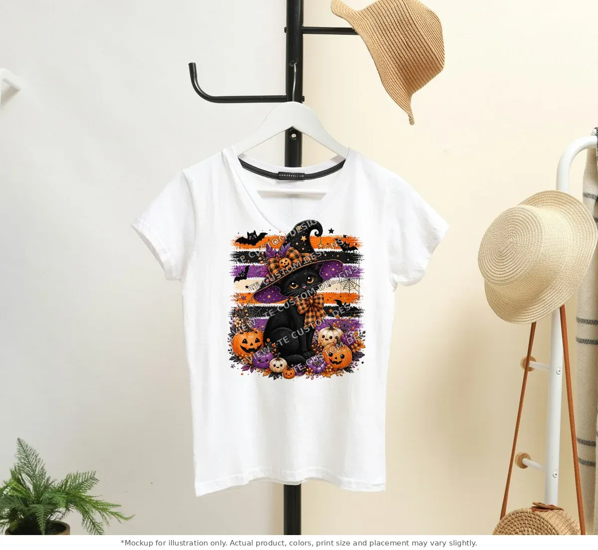 White tee mockup, on a hanger in a styled room