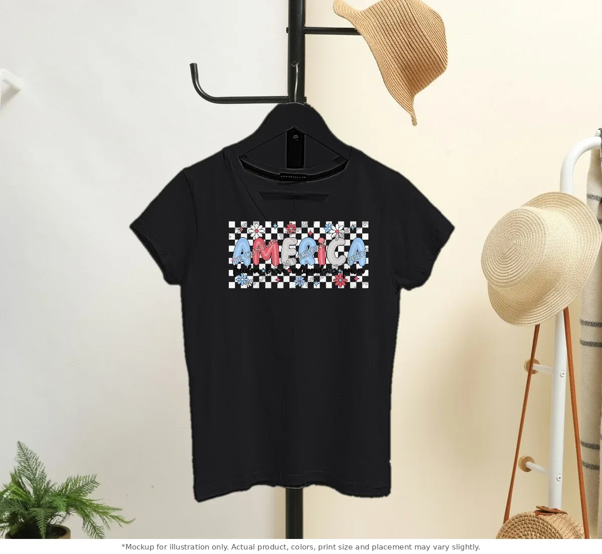 Black tee mockup, on a hanger in a styled room