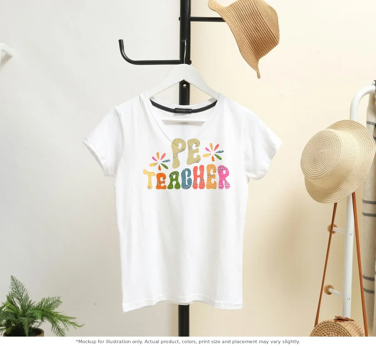 White tee mockup, on a hanger in a styled room