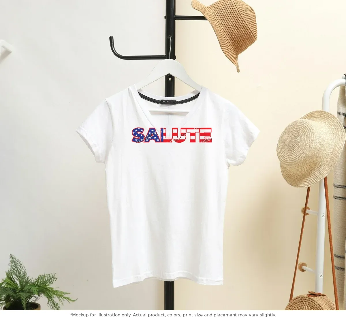 White tee mockup, on a hanger in a styled room