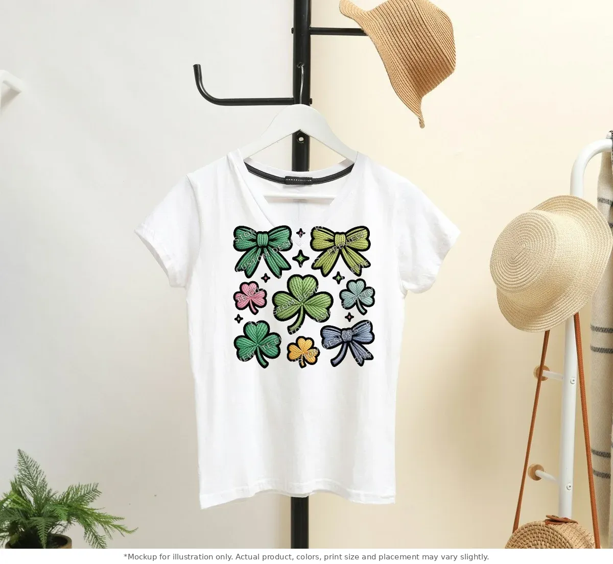 White tee mockup, on a hanger in a styled room