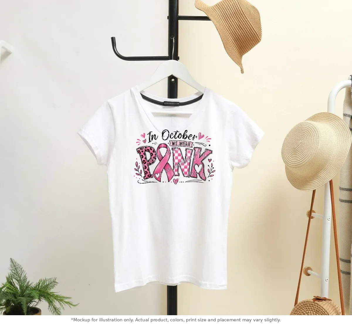 White tee mockup, on a hanger in a styled room