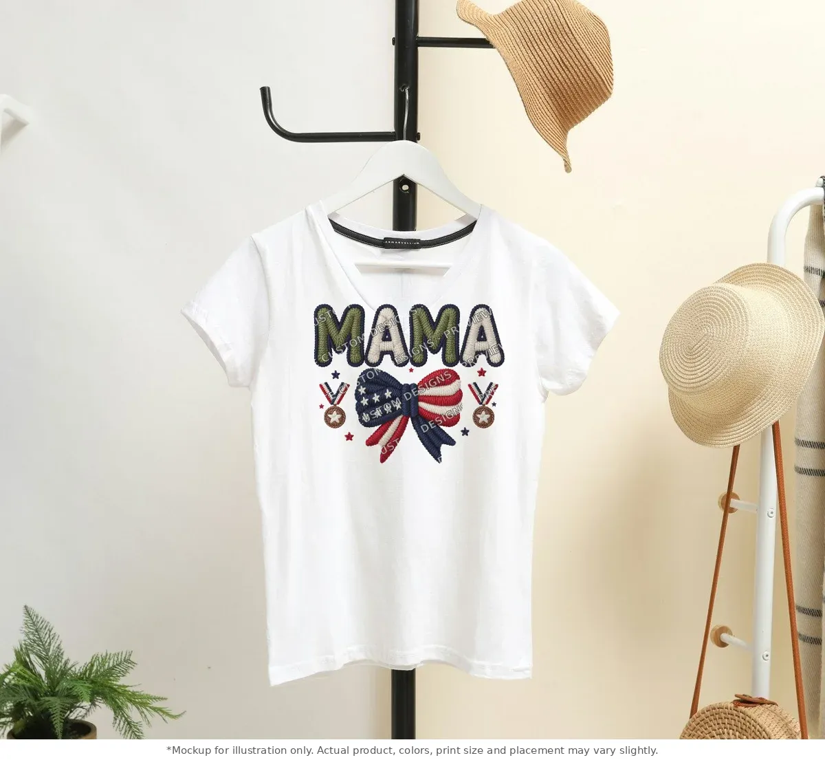 White tee mockup, on a hanger in a styled room
