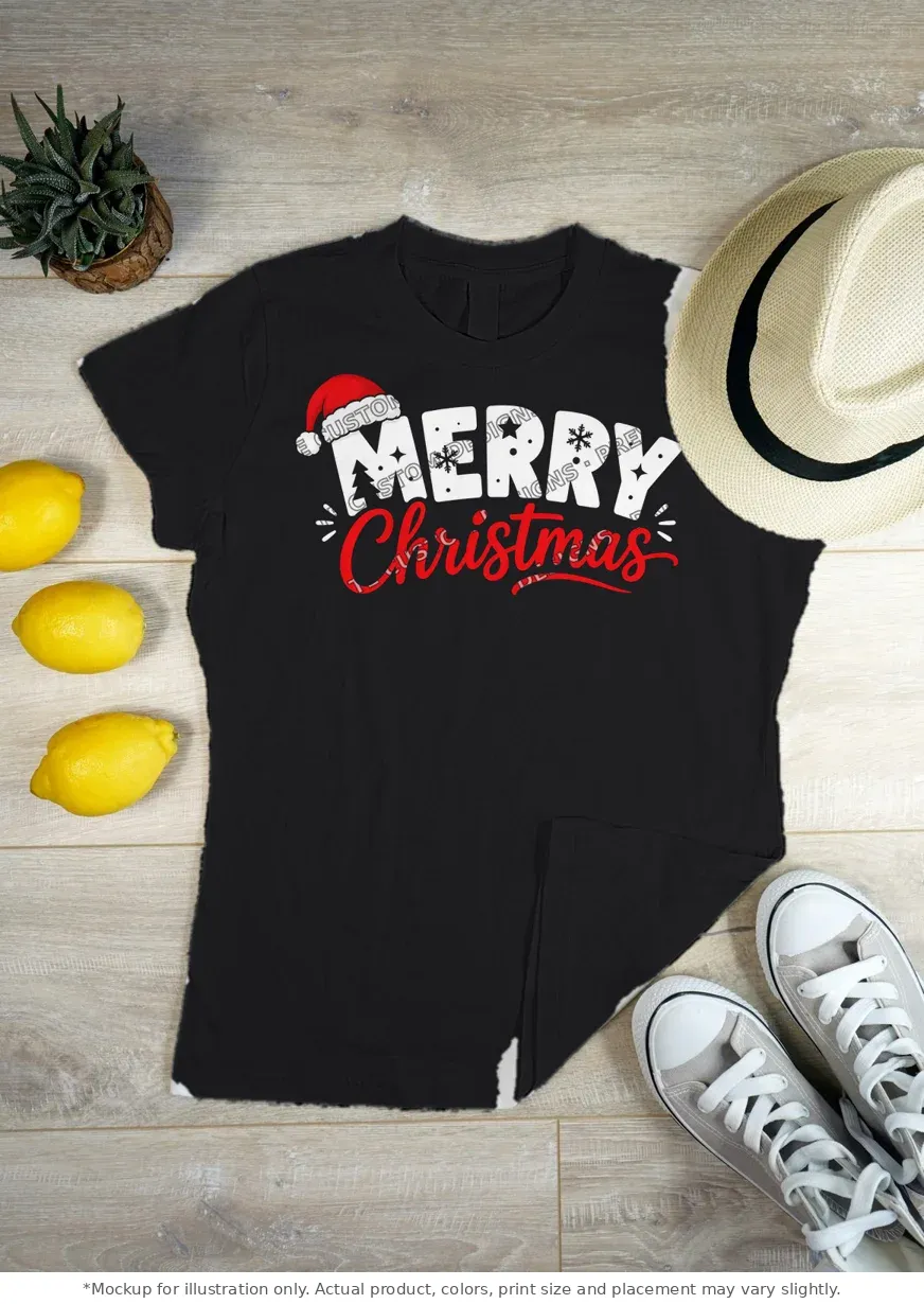 Black tee mockup, flat lay on wood