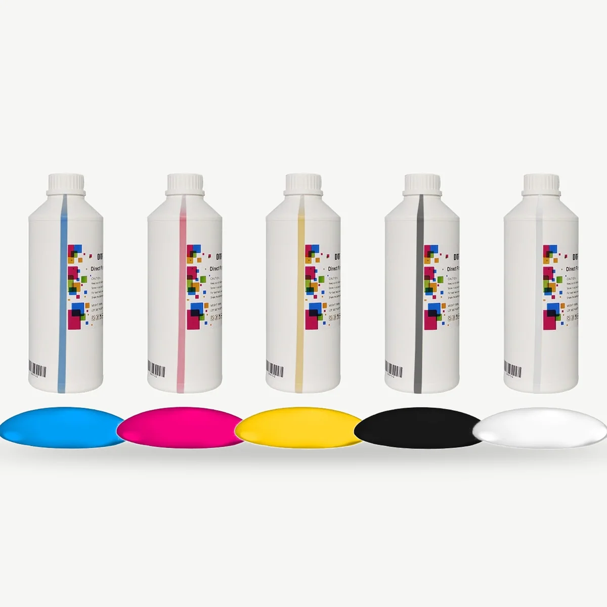 DTF ink 1L bottles with color puddles: Cyan, Magenta, Yellow, Black, White